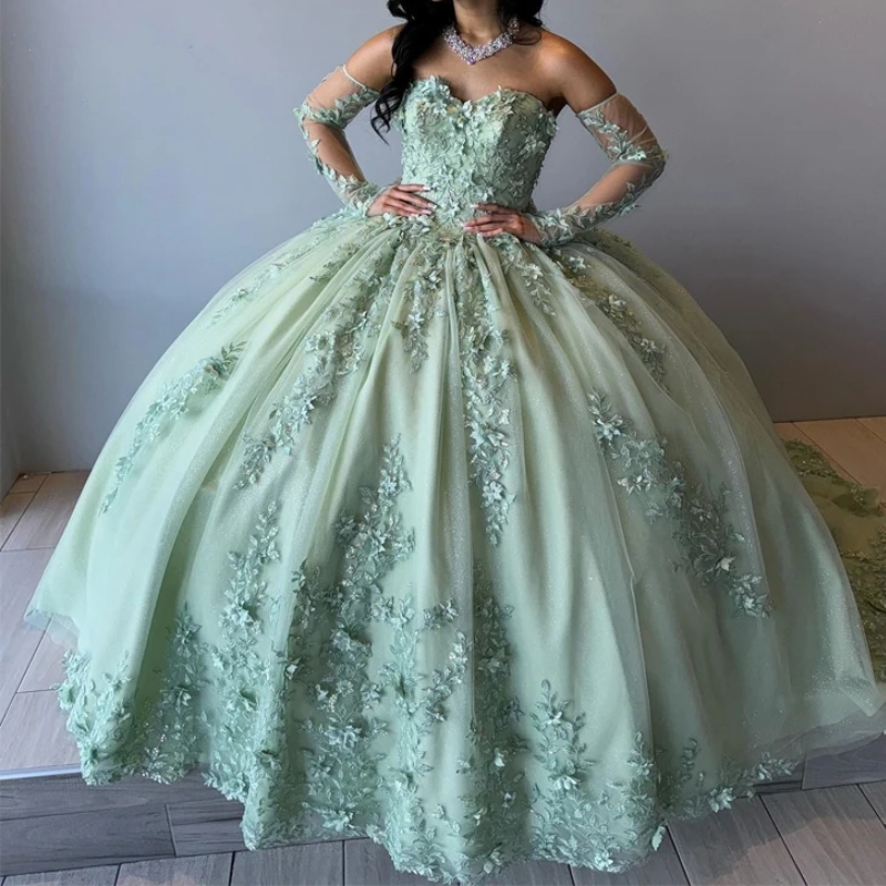 Green Quinceanera Dresses Off Shoulder Ball Gown Sweet 16 Dress Vestidos De 15 Anos Applique Lace Beads Tull Birthday Party Princess Pageant