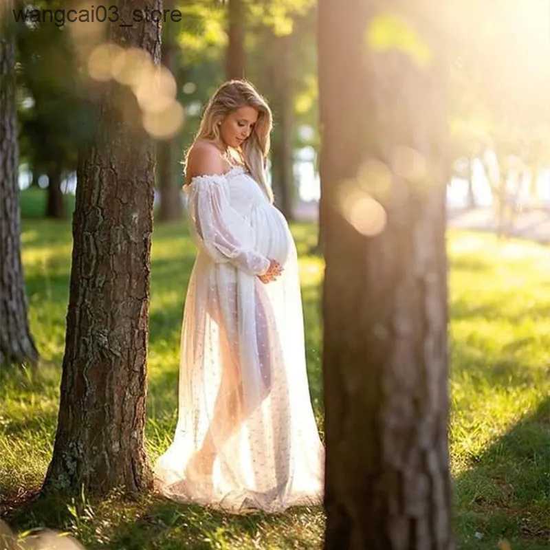 Maternity Dresses White Dot Tulle Maternity Photography Props Dress See Through Maternity Photo Shoot Tulle Long Dress Lantern Sleeve L240910