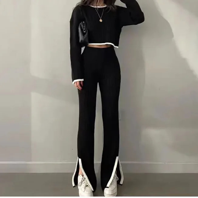Fashion and fashionable color matching knitted pants set for womens short top ultrathin high waisted seam Trouser twopiece 241008