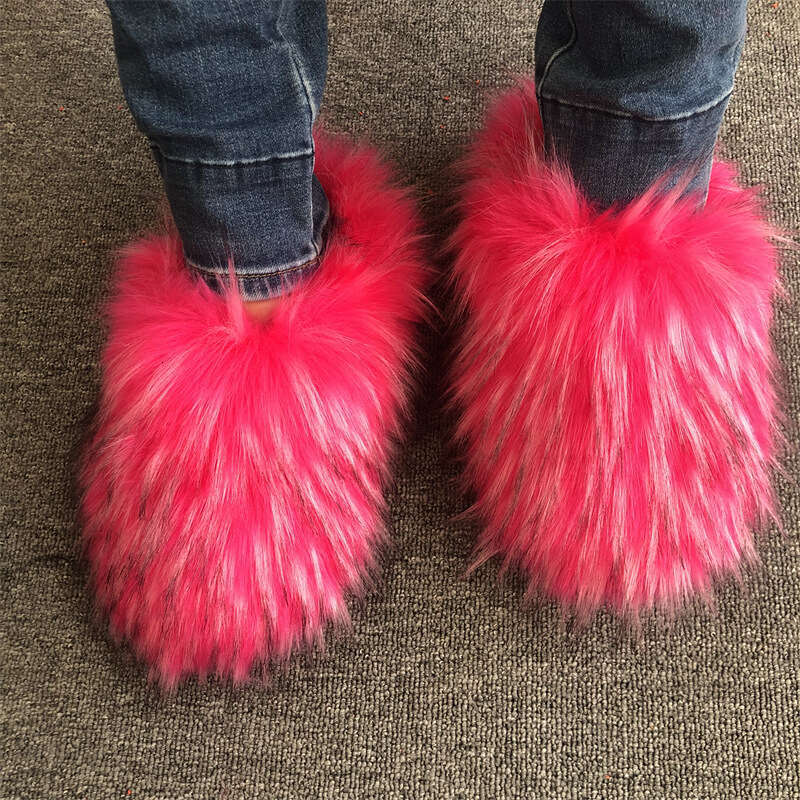 Women winter boots cotton shoes fuzzy raccoon women in autumn winter plush and warm faux fur slippers for home working shopping fashion winter boot bo