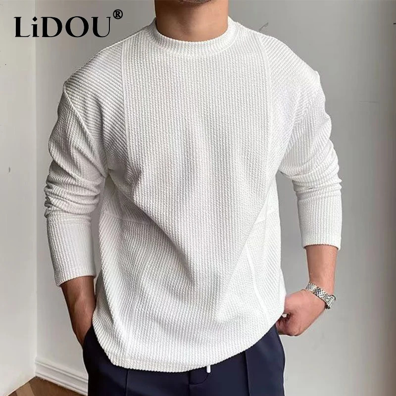 Spring Autumn Casual Fashion Solid Loose T-shirt Man Long Sleeve All Match Korean Style Patchwork Pullover Tops Tee Male Clothes 241011