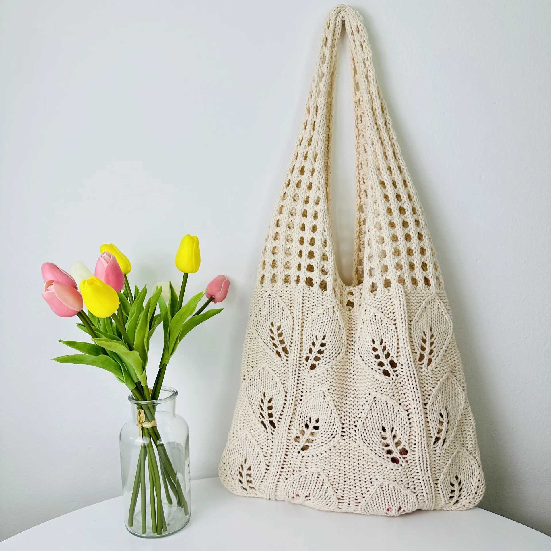 Knitted handbag beach bag lightweight student shoulder casual handbag womens shopping bag Y241011