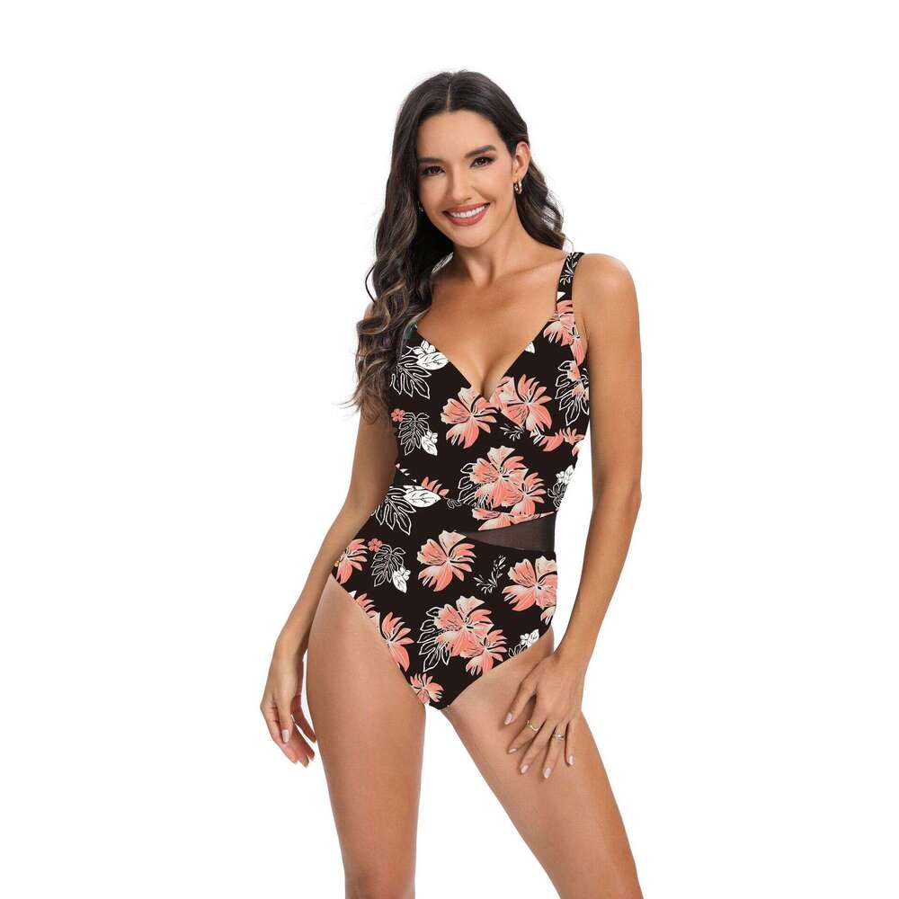 2024 New Printed One Piece Mesh Spliced Bikini Open Back Hollow Sexy Swimwear