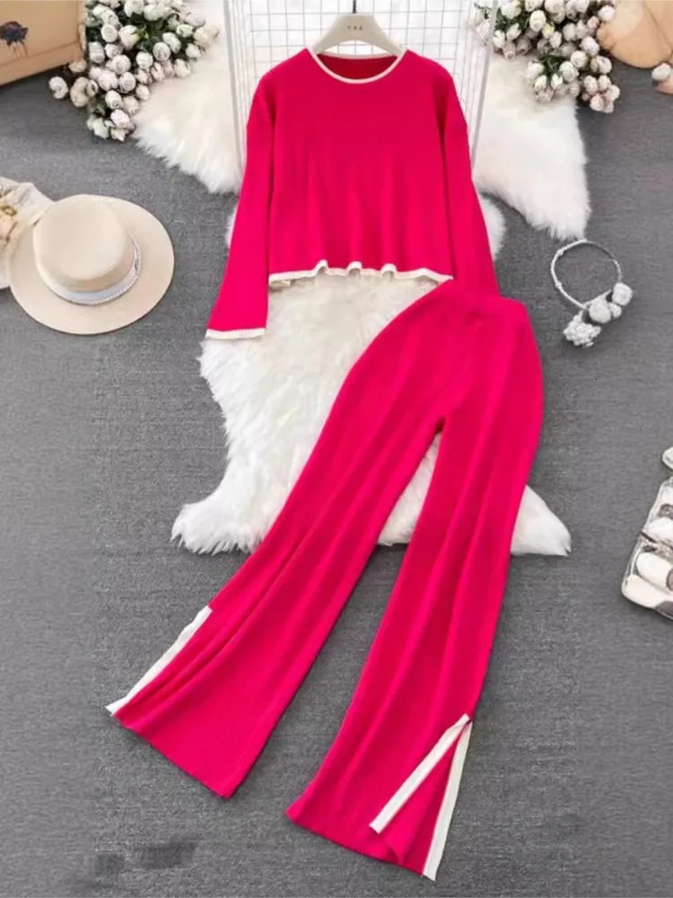 Fashion and fashionable color matching knitted pants set for womens short top ultrathin high waisted seam Trouser twopiece 241008