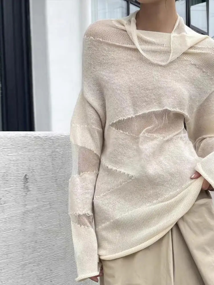 Yedinas Loose Patchwork Hollow Out Knitted Tops Long Sleeve Autumn Streetwear Thin Sweater Women Pullovers Ladies Jumper 241011