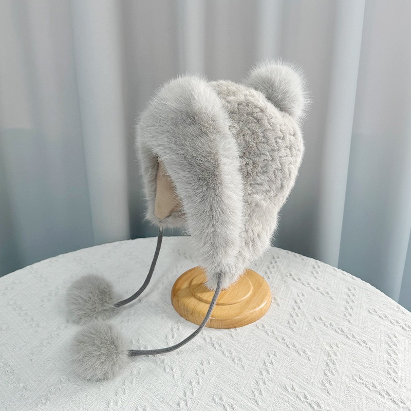 thick Winter anti cold sleeve knitted with plush wool ball for warmth ear protection children's cross-border big head hat from Europe and America