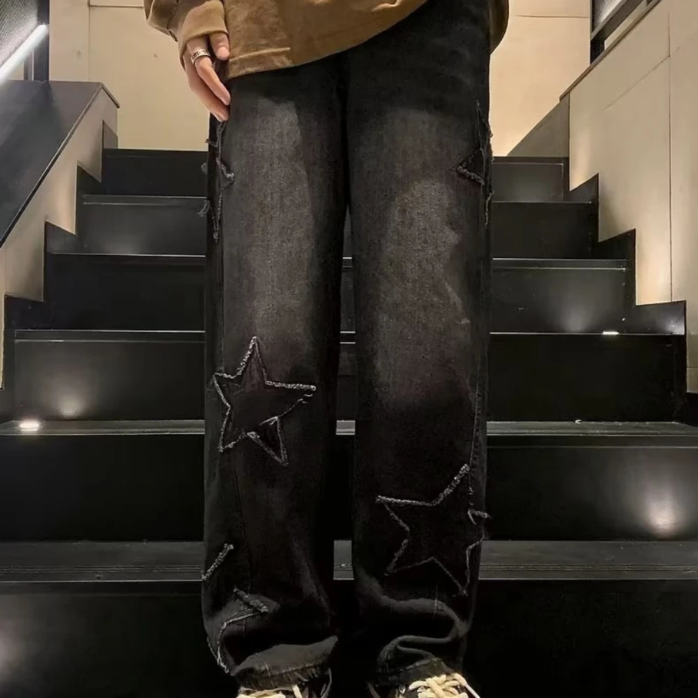 Star Embracery Straight Casual Mens Jeans Gothic Neutral Wide Leg Loose Hip Hop Fashion Youth Street Clothing Cowboy Trousers Y2K 240930