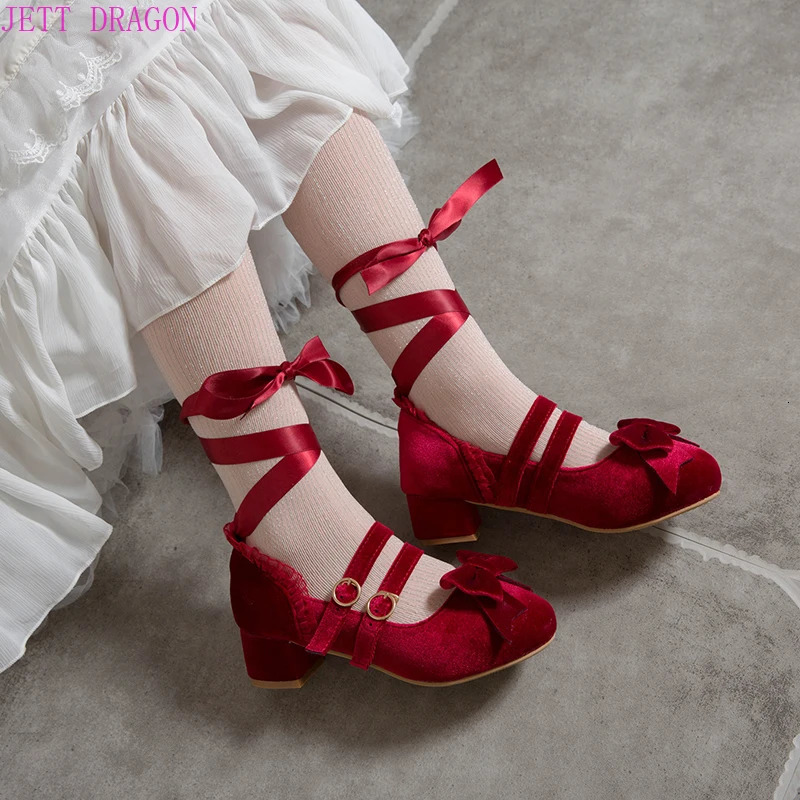 2025 new Spring Autumn Women Pumps Lolita Platform High Heels Red Lace Mary Jane Bow Block Heel Ladies Party Shoes 240927