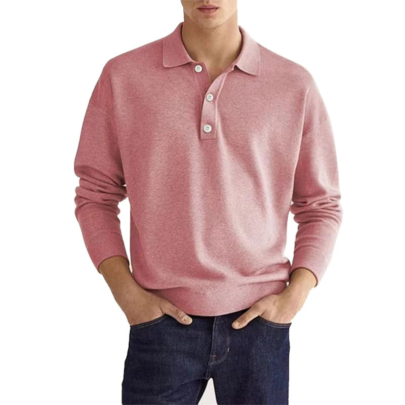 Mens Casual Long-sleeved Shirt Fashion Solid Color Lapel Button Business Casual Polo Shirt Golf Pullover T-shirt Street Wear 241011