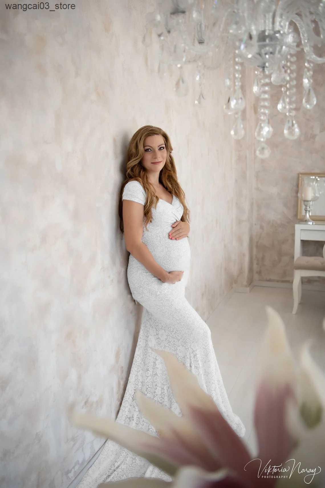 Maternity Dresses 2022 Summer Maternity Trailing Short Sleeves Dresses Baby Shower Lace Maternity Dress Fancy Shooting Photo Pregnant Dress L240910