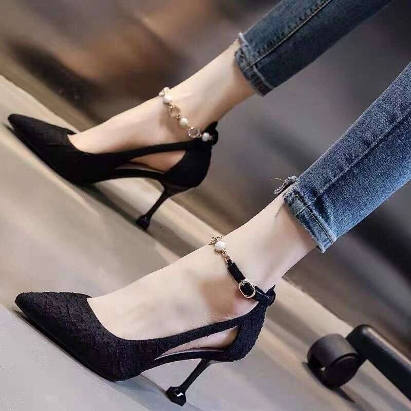 Women high heel shoes dress shoes women leather two colours cusp 5-8cm heels beautiful elegant casual shoes pearl chain trim