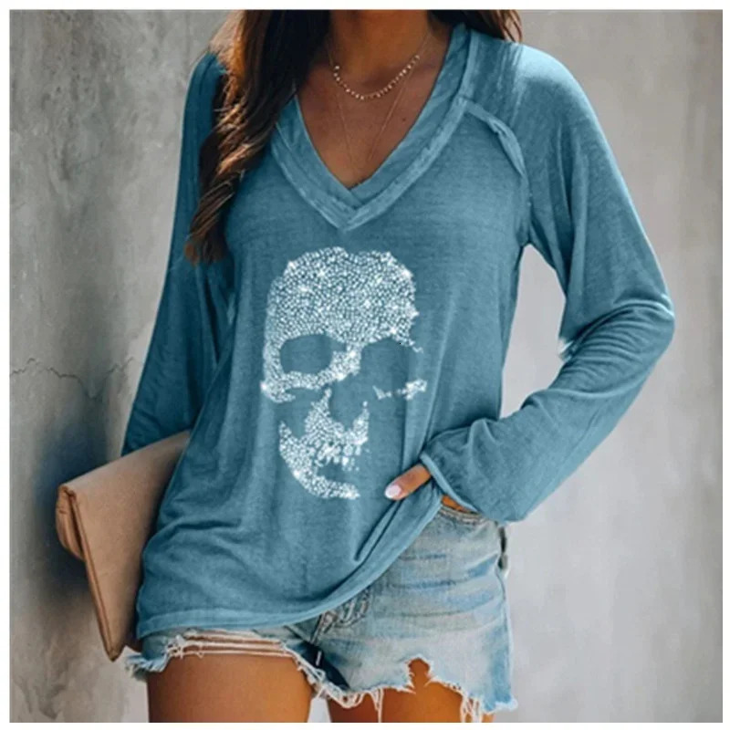 Womens Autumn Winter Fashion Clothes Casual Long Sleeved Tshirt Loose Skull Printed Blouse Ladies Vneck Shirts Cotton Tops 241011