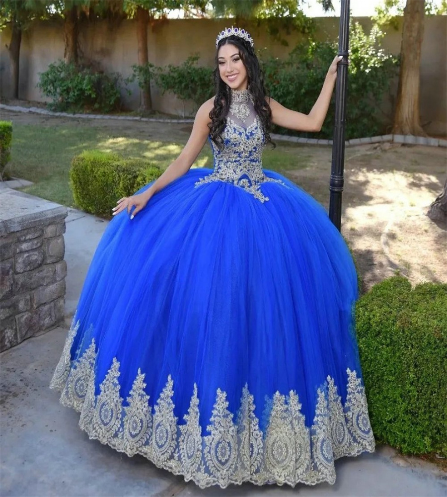 Halter Royal Blue Quinceanera Dresses With Gold Appliques Ball Gown Sleeveless Vestidos De 15 Quinceanera Fifteen Party Dresses Vestido De Debutante 1