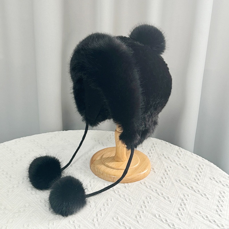 thick Winter anti cold sleeve knitted with plush wool ball for warmth ear protection children's cross-border big head hat from Europe and America