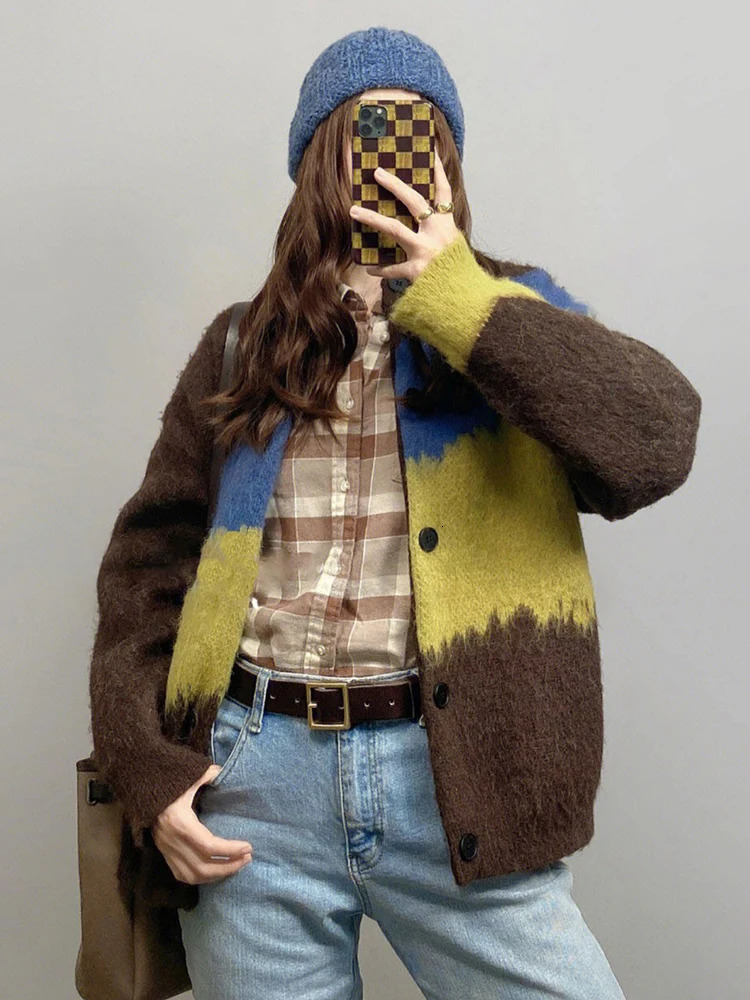 Jmprs Harajuku Vintage Cardigan Women Patchwork Korean Knitted Sweater Tops Lazy Wind Loose Casual Long Sleeve Coat 241007