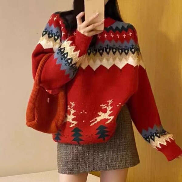 Atmosphere, Christmas gold wire jacquard red sweater, women's autumn, winter, New Year, deer loose and lazy style knitted top