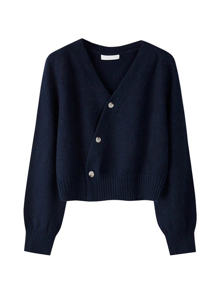 Autumn Winter Skew Button Cardigan Vneck Sweater Women Knitted Long Sleeve Tops Korean Loose Solid Cashmere for Woman 241007