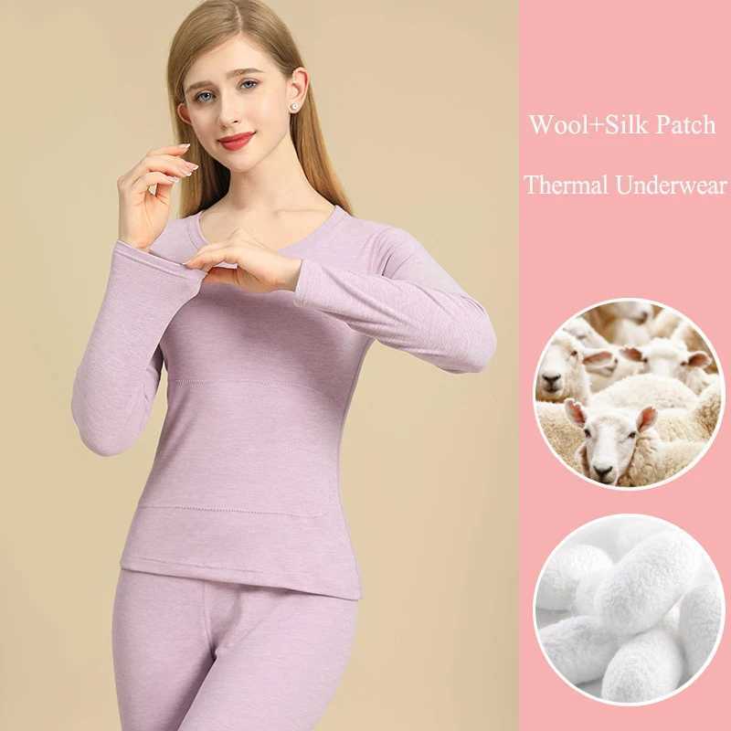 Women's Thermal Underwear Winter Women Thermal Underwear Wool And Silk Patch Thick Double Layer Lingerie Long Slve Shirt Thermal Top Pants Two Pi