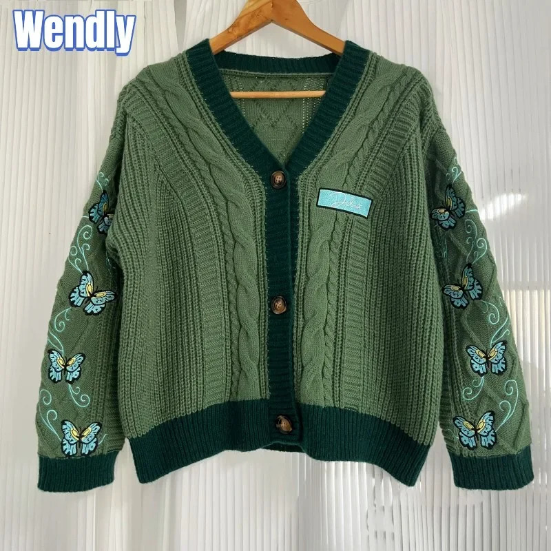 Dark Green Cardigan with Butterfly Embroidered Female Autumn Winter Letter Patch Knitted Women 2024 Sweaters Tops 241007