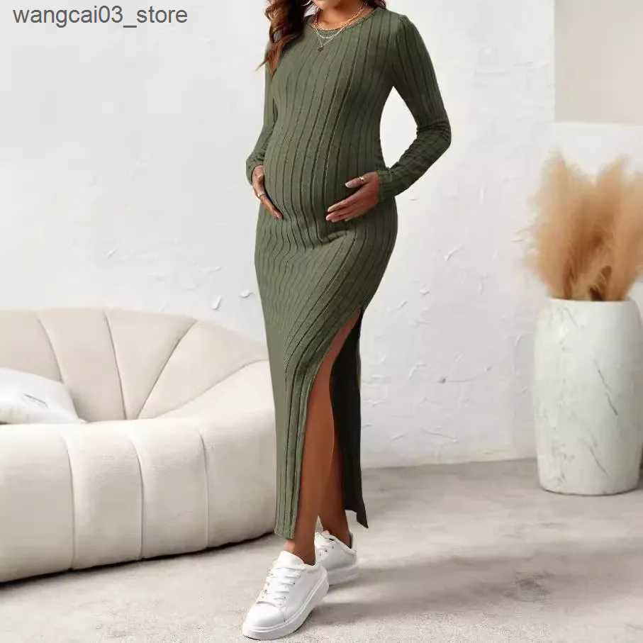 Maternity Dresses Side Splits A Line Slim Knitted Dress Maternity Autumn Winter American Casual Long Sleeve Clothes for Pregnant Women Pregnancy L2409