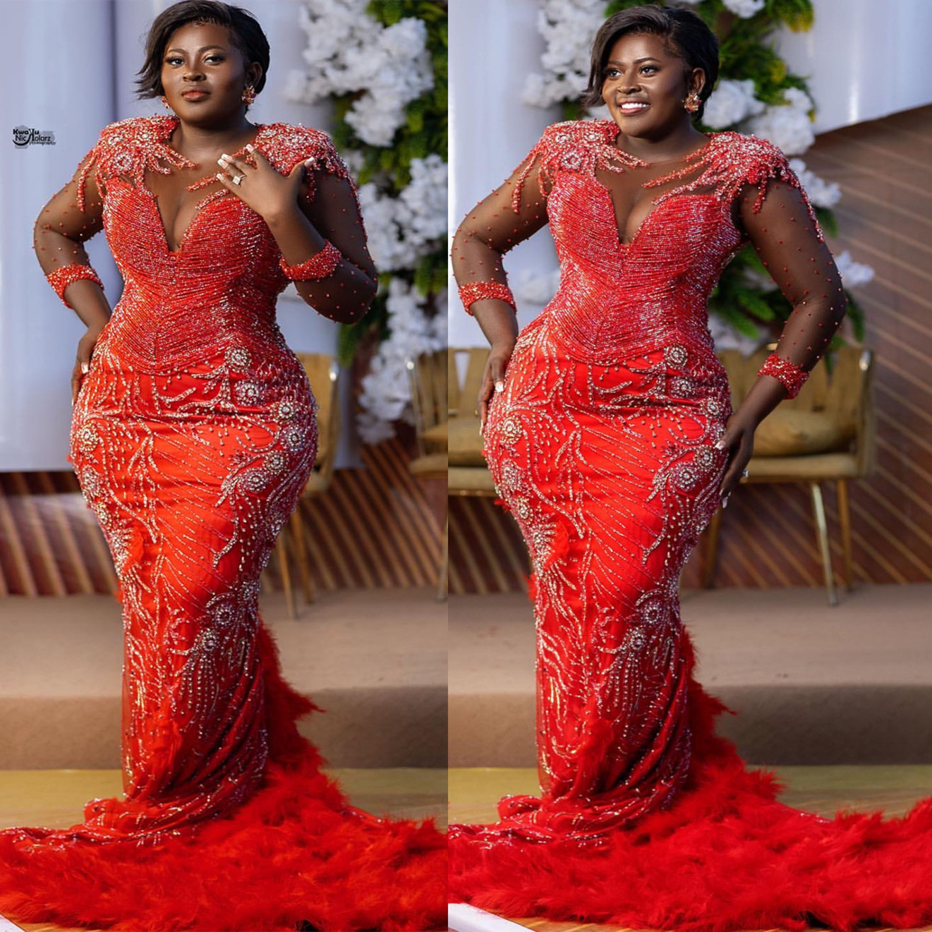 Aso Ebi 2024 Red Prom Dresses Rhinestones Beaded Feather Sequined Evening Formal Sheer Neck Party Second Reception Birthday Gowns Dress For Special Oc