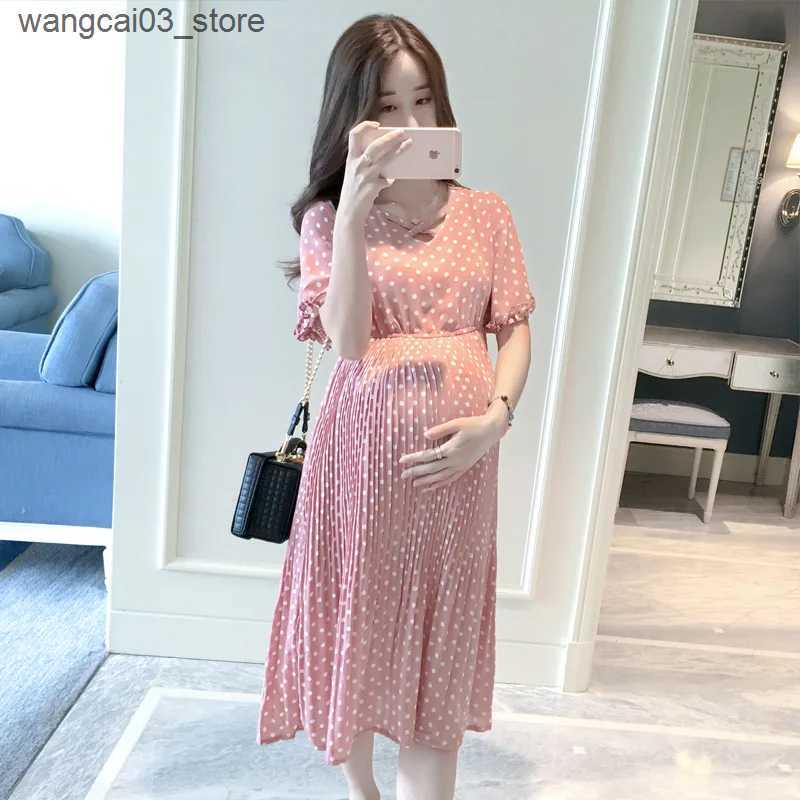 Maternity Dresses Pregnant Women Summer Dress Petal Collar Sweet Bubble Sleeve Temperament High Waist Maternity Gown Peter Pan Casual L240910