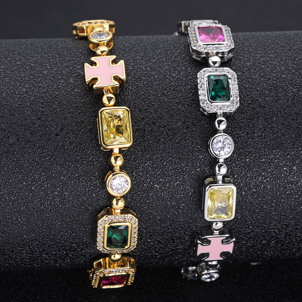 Hip Hop Cross Tennis Chain Necklaces Bracelet Colored Gemstone Jewelry Men Women