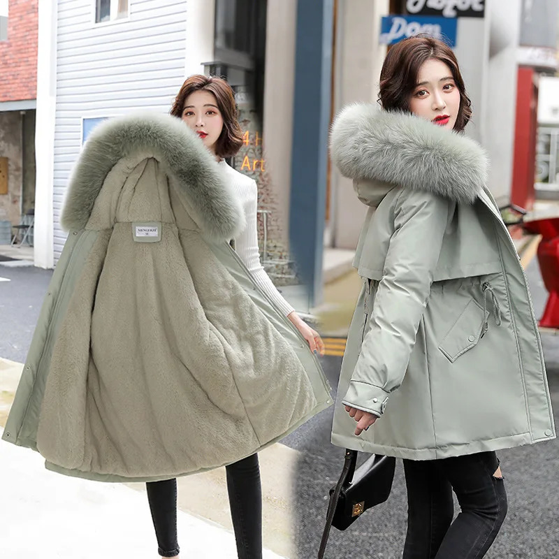 Womens beige Plus velvet winter coat jacket Parkas outdoor fur collar womens Korean streetwear 241010