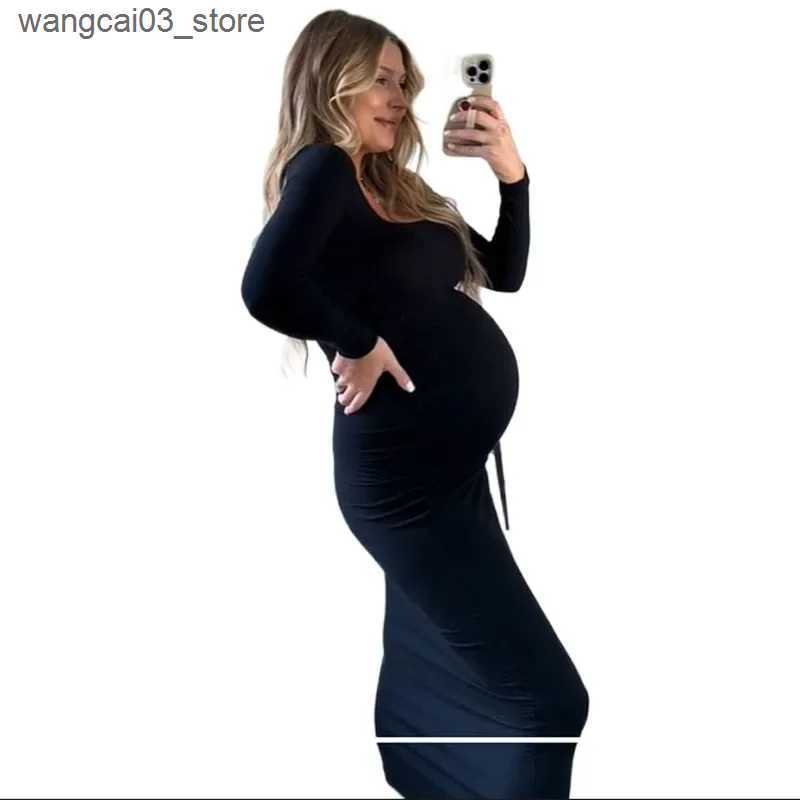 Maternity Dresses Maternity Dresses Photoshoot Fall Bodycon Long Sleeve Simple Women Elegant Casual Dresses Baby Shower L240910