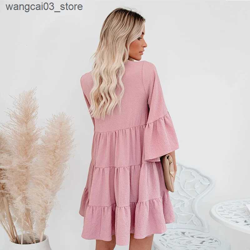 Maternity Dresses 2023 Pregnant Woman Summer Clothes Sweet Short Flare Sleeve V-neck High Waist Maternity Chiffon Dress Korean Style A-line L240910