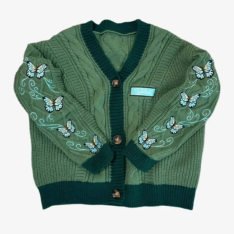 Dark Green Cardigan with Butterfly Embroidered Female Autumn Winter Letter Patch Knitted Women 2024 Sweaters Tops 241007