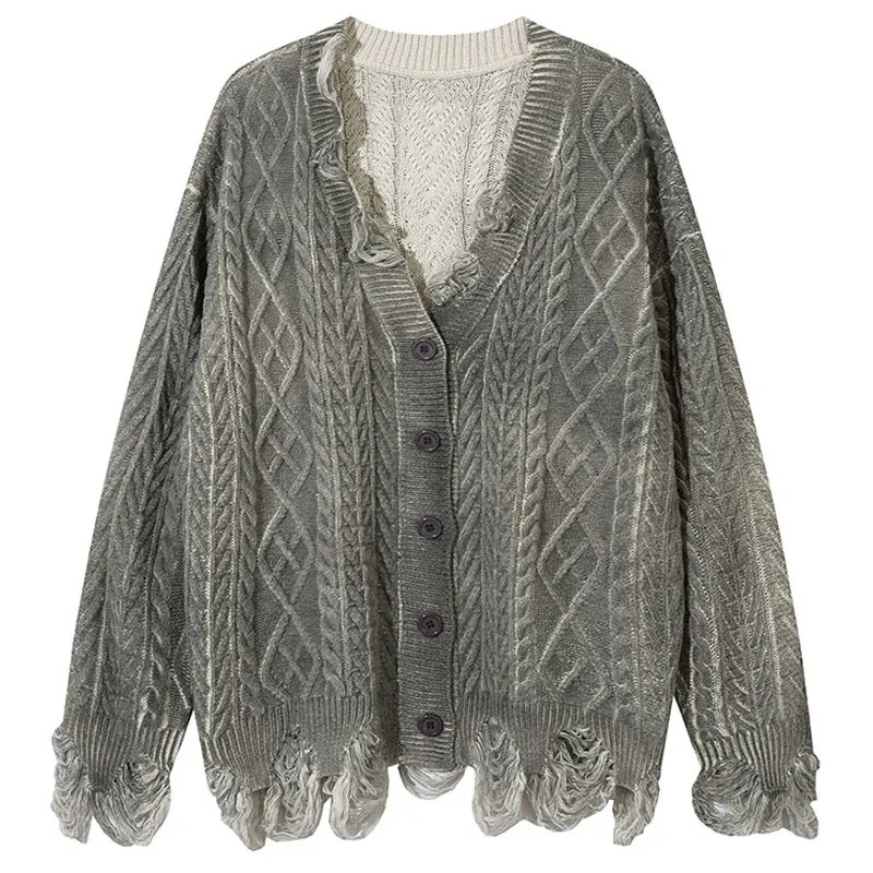 Retro sweater cardigan wool sweater Grunge Y2K knit tear hole heartbeat umbrella street clothing mens hip-hop cotton punk Gothic oversized sweater 241
