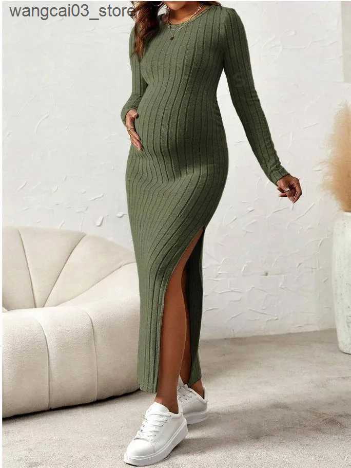 Maternity Dresses Side Splits A Line Slim Knitted Dress Maternity Autumn Winter American Casual Long Sleeve Clothes for Pregnant Women Pregnancy L2409