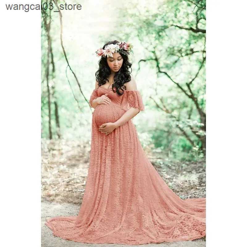 Maternity Dresses Women Maternity Gown Robe for Photo Shoot Pregnancy Clothes Dresses Beautiful Lace Tail Short Sleeve Dress L240910