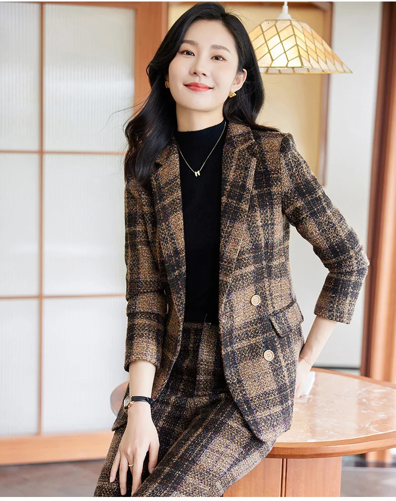 Womens winter thick warm suit jacket and pants two-piece set jacquard coarse woolen ball work clothes 240930