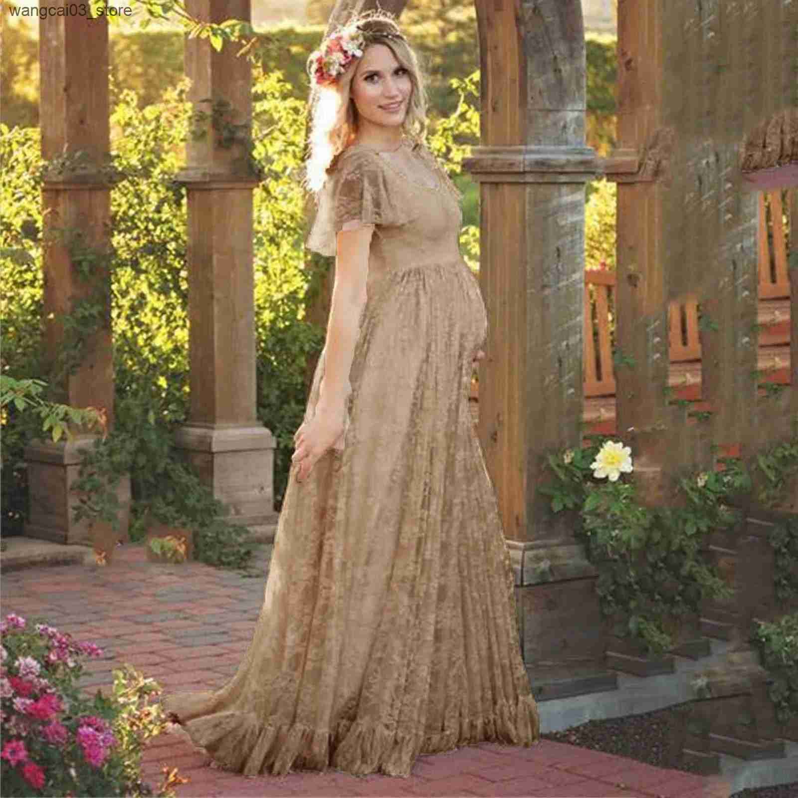 Maternity Dresses Maternity Lace Dress Womens Pregnancy Ruffles Short Sleeved Long Dress Elegant Photography Solid Color Dress PhotoShoot Dress L24091