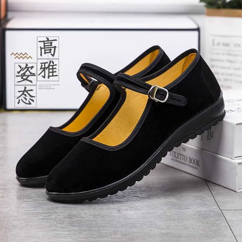 Womens Wedge Flat Shoes Spring New Fashionable Black Work Anti slip Rubber Sole Comfortable Belt Old Beijing Cloth Wedge Shoes Y241011