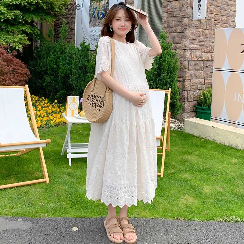 Maternity Dresses 2024 Pregnant Woman Lace Dress Summer Short Sleeve O-Neck Hollow Out Maternity Cotton Dress Sweet Long Loose Princess Clothes L24091