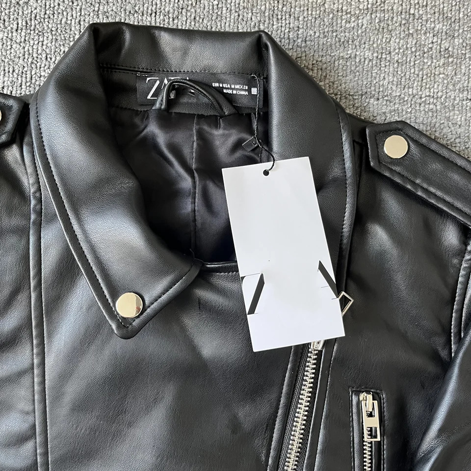 Taop Za Autumn Womens Fashion Warm and Slim Fit Lapel Short Leather Jacket Simple Jacket 241011