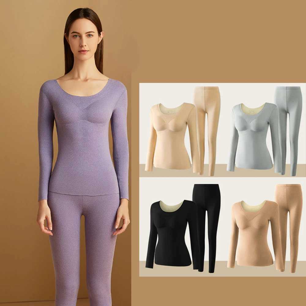 Womens Thermal Underwear Autumn Winter New Thermal Underwear Set Woman Seamless Warm Suit With Chest Pad Top Warm Pants Doublesided Heating Lingerie S