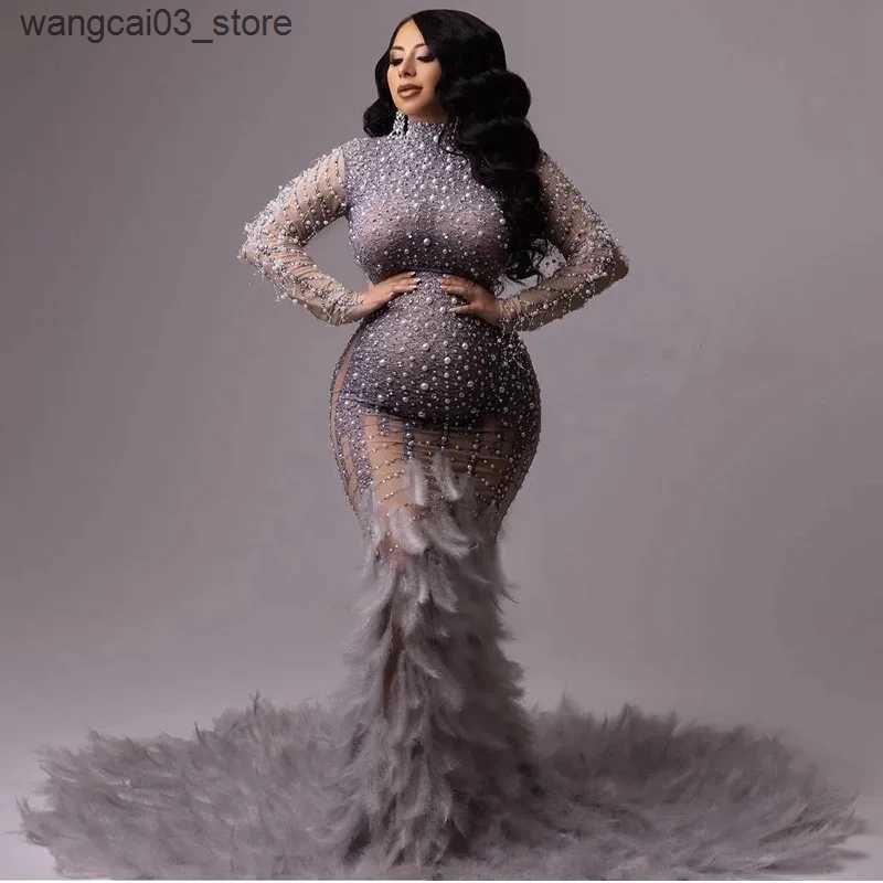 Maternity Dresses Glitter Beaded Maternity Gowns For Photo Shoot Sexy Crystal Diamond Mermaid Long Pregnant Dresses Women Feathers Mermaid Gown L24091