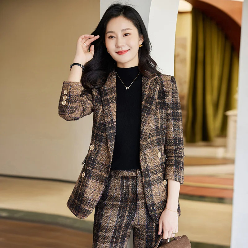 Womens winter thick warm suit jacket and pants two-piece set jacquard coarse woolen ball work clothes 240930