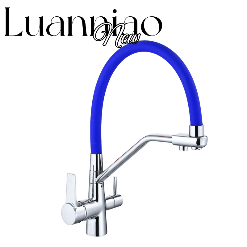 Kitchen faucet brass faucet hot and cold water faucet pure water faucet any retractable double handle faucet blue tube