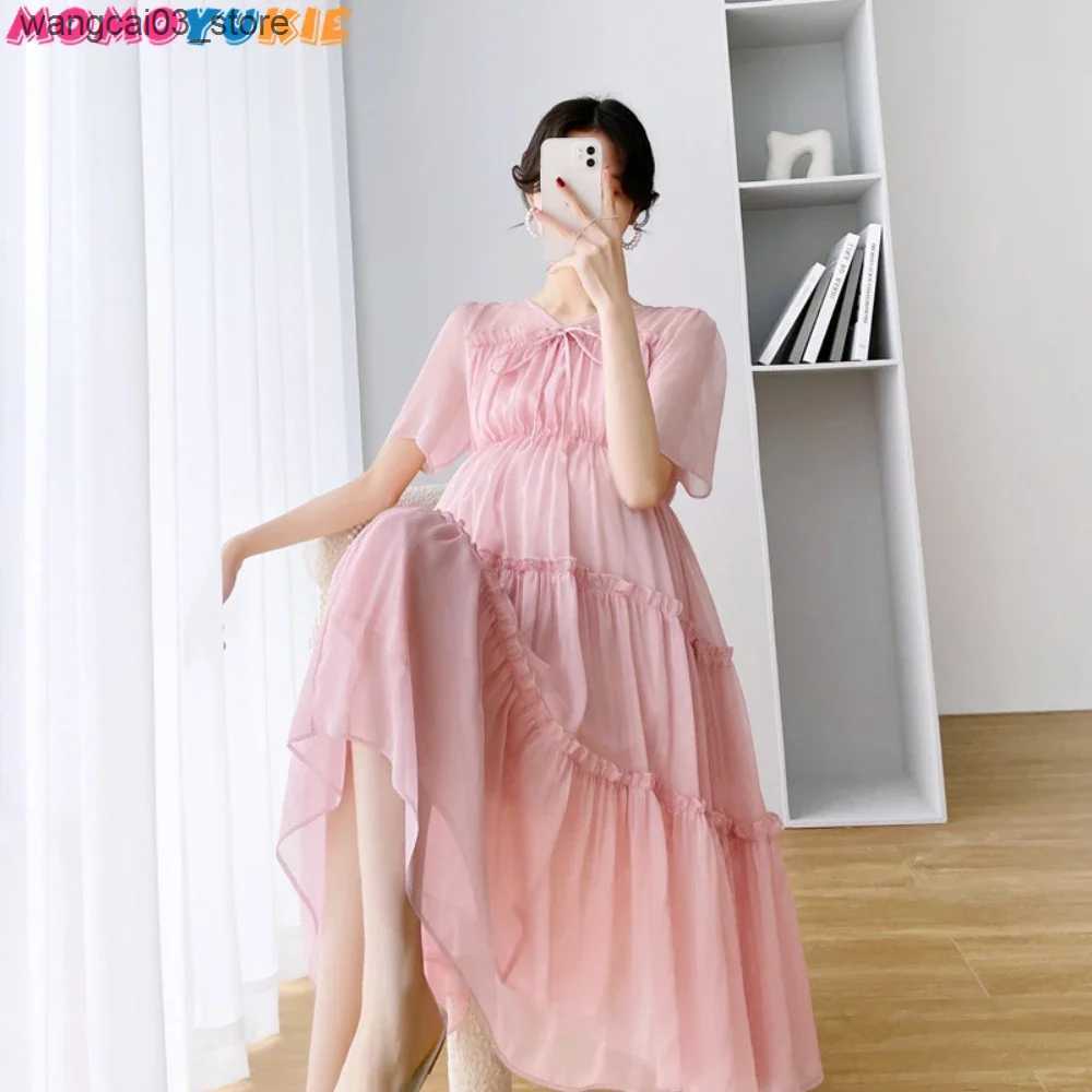 Maternity Dresses 2022 New Fresh Fairy Maternity Solid Chiffon Cake Dress For Summer Pregnancy Clothes V-Neck Knee-Length Pregnant Vestidos L240910