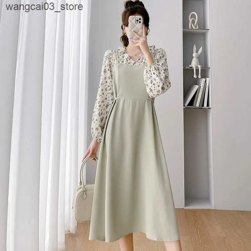 Maternity Dresses Postpartum Woman Lactation Dress Spring Autumn Floral Long Sleeve Patchwork Maternity Nursing Dress Chiffon Breastfeeding Dress L240