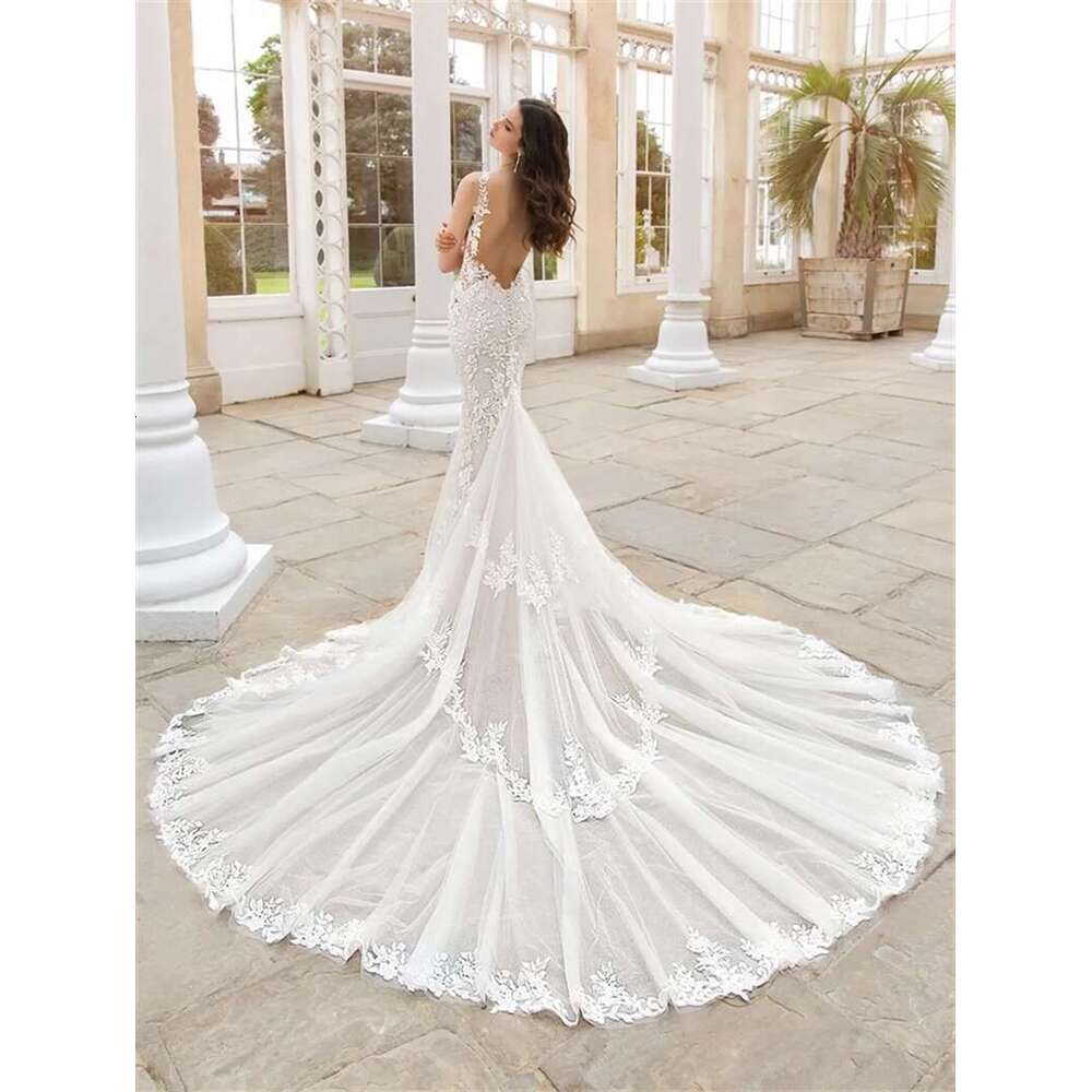 FIDDY898 Spaghetti Strap Wedding Dresses Sleeveless Sexy Sweetheart Mermaid Appliqued Bridal Gowns for Women C67