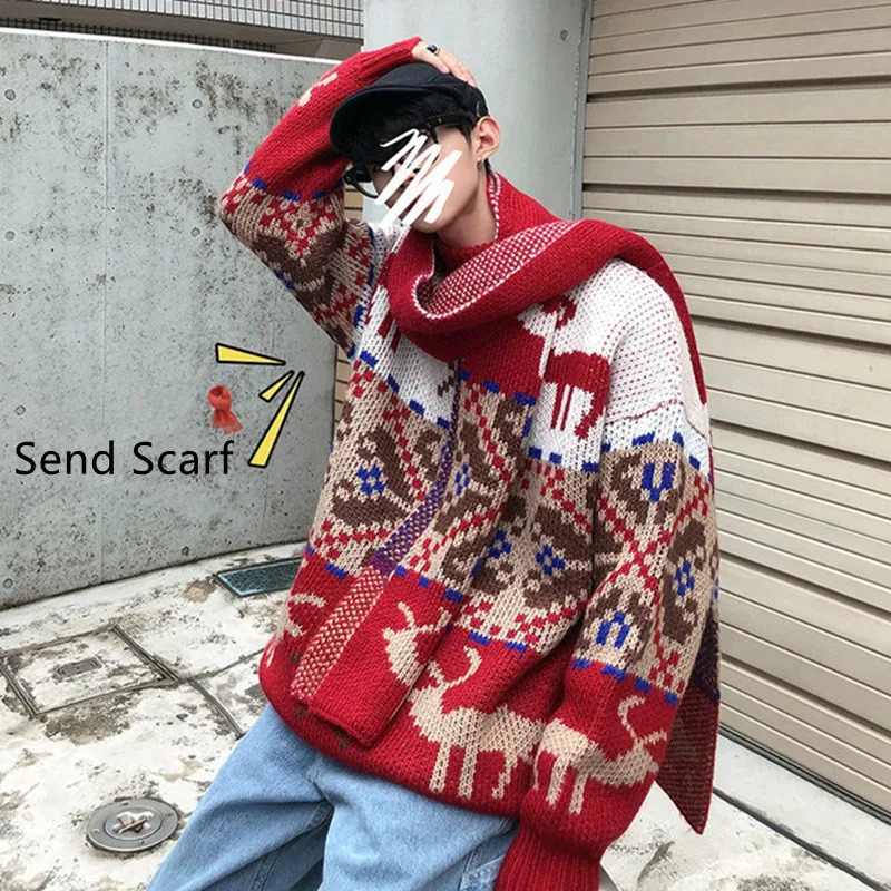 Thick Winter Sweater Mens Red O-neck Pullovers Fashion Christmas Lovers Sweater Japan Casual Loose Preppy Style Male Pullovers 241009