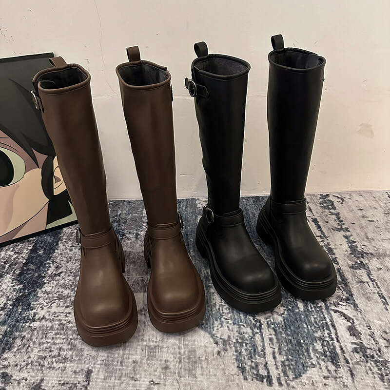 Designer Boot Versatile Thick Heel Tall Boots For Women 2024 Autumn/Winter New Style Belt Buckle Brown Small Thick Bottom Boots Knight Fashion Boots F