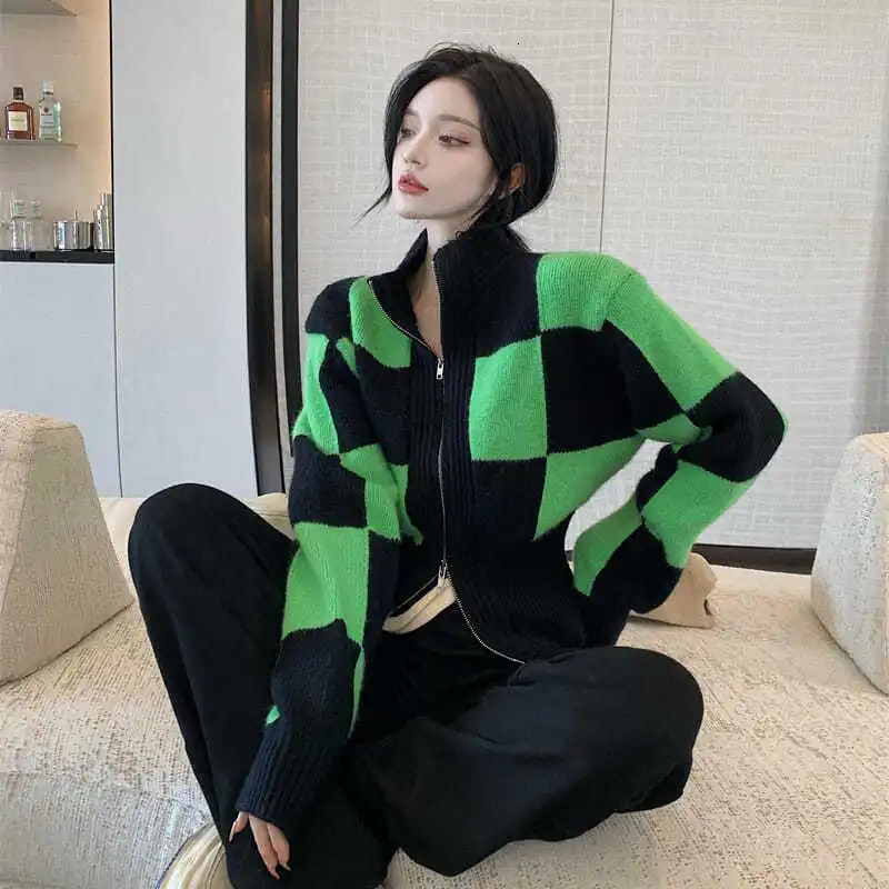 Korobov Korean Elegant Women Turtleneck Crop Cardigans Japanese Hit Color Plaid Harajuku Cardigan Vintage Zipper Sweaters 241007