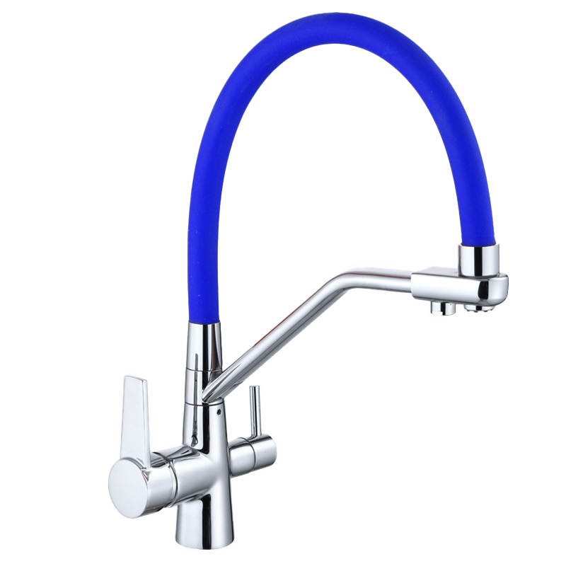 Kitchen faucet brass faucet hot and cold water faucet pure water faucet any retractable double handle faucet blue tube
